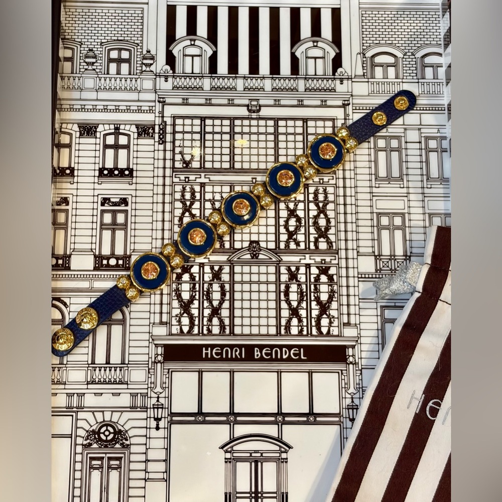 NEW FULL INCLUSION HENRI BENDEL BLUE/GOLD LEATHER BRACELET w/SWAROVSKI CRYSTALS - Picture 5 of 12